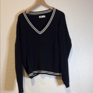 Hollister Dark Blue V-Neck Sweater with White Accents
